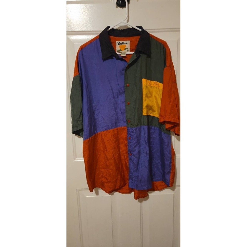 Vintage 90s Protest Silk Colorblock Button Up Shirt - Size XL